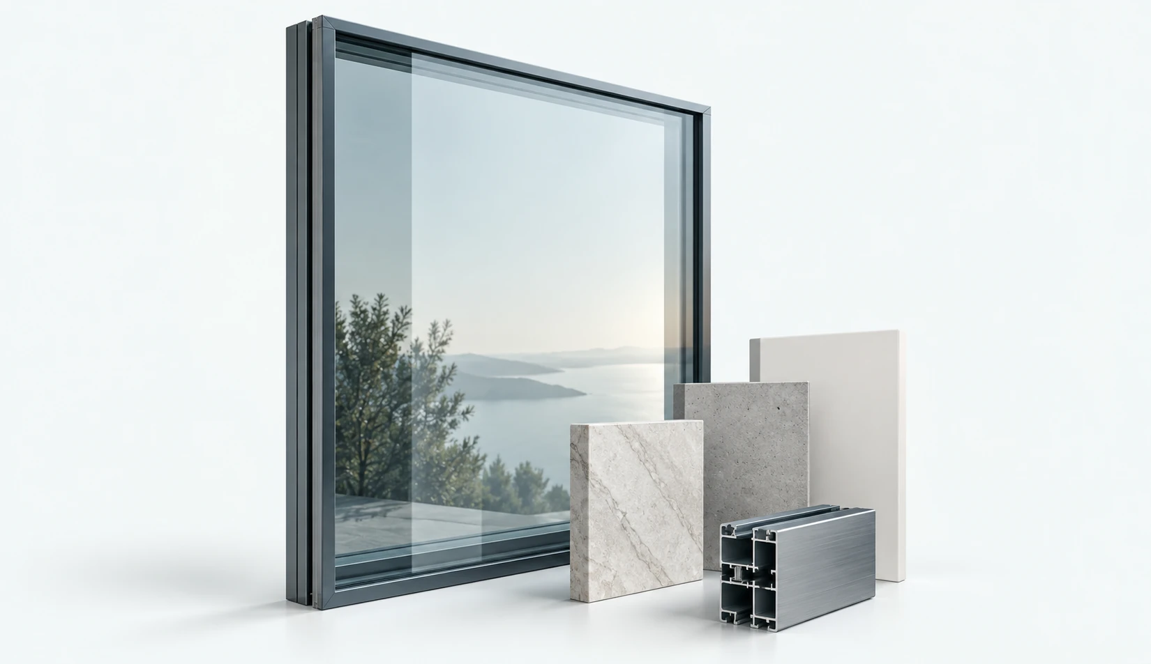 Illustration of architectural glazing, an aluminium profile and building material samples