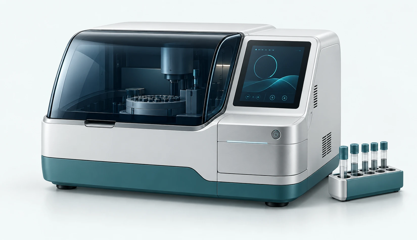 Illustration of a clinical laboratory analyzer and sample tubes